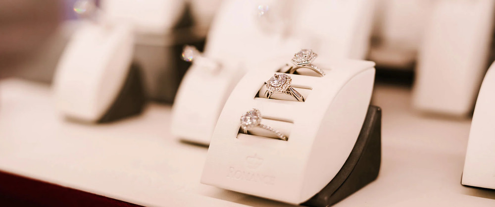 Diamond rings displayed in a jewelry presentation